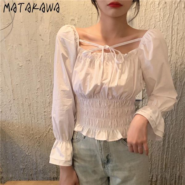 

women's blouses & shirts matakawa korean square collar lace up puff sleeve shirt pleated slim waist french short pullover, White
