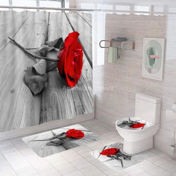 

shower curtains romantic red rose flower bathroom curtain bath sets toilet cover mat non-slip washroom rug set modern 180x180cm