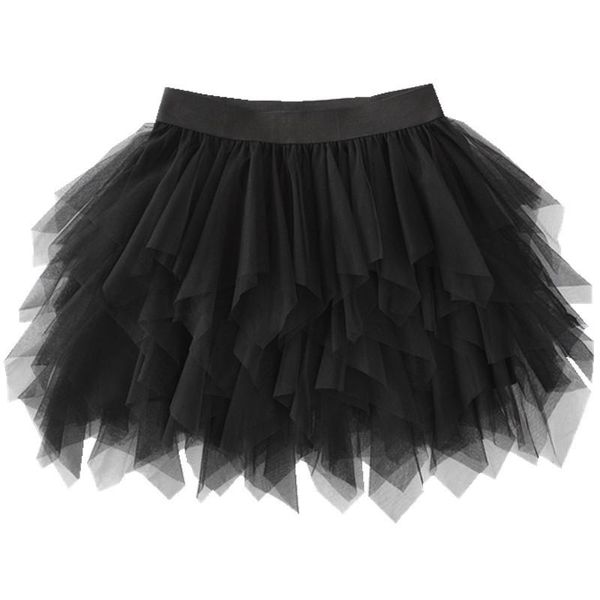 Gonne Moda donna Minigonna in maglia Vita alta Increspato Irregolare Abito da ballo in garza nera Stratificato Fata Principessa Tutu elastico