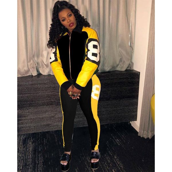 

women's two piece pants 2-piece set autumn 2021 multi-color color matching zipper lapel + tight trousers casual two-piece street, White