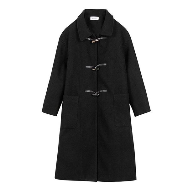 

women's wool & blends women autumn winter long woolen coat 2021 sleeve horn button elegant cashmere warm overcoat vintage jacket outwea, Black