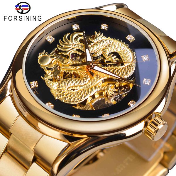 

refining luxury dragon skeleton automatic mechanical watches men polshorlogical stainless steel band gold clock waterproof montre, Slivery;brown