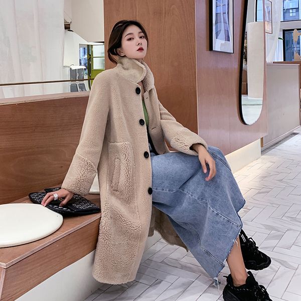 

2021 women winter new fashion real overcoat female genuine sheep shearing lady casual warm natural lamb wool fur coat l833jzlf, Black