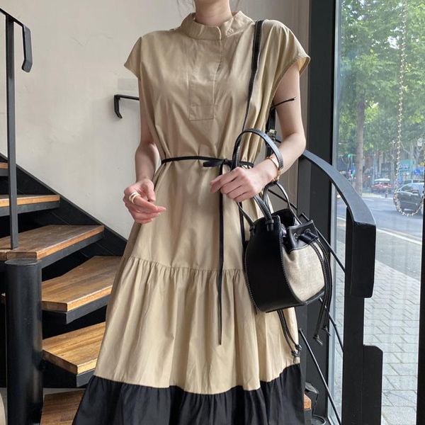 

casual dresses [ewq] contrast patchwork dress women's summer 2021 stand collor lace up waist loose swing short flying sleeve, Black;gray