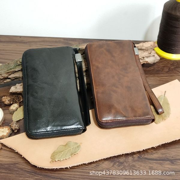 

handmade distressed men's leather wallet clutch vertical soft layer zipper cowhide retro long fkcis