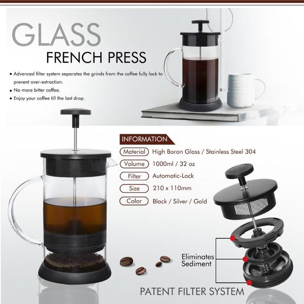 

coffee pots 1000ml pot home mini manual flower tea maker french pressed black portable filter glass kettl