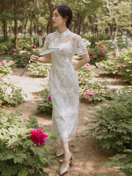 

plus size dresses elegnat vestidos party dress women short sleeve floral embroidery cheongsam retro vintage bodycon long white fc633, Black