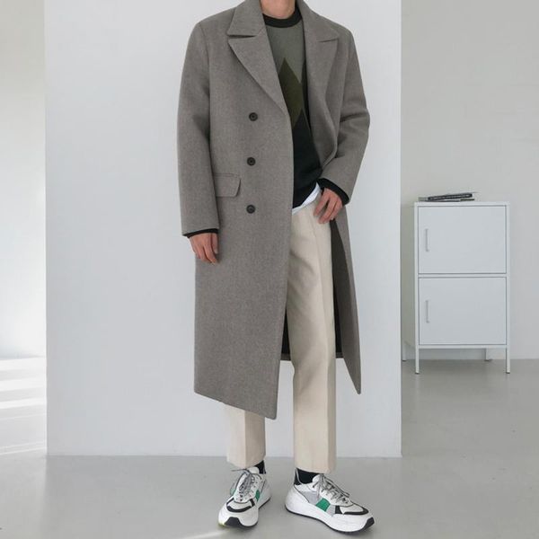 

solid lapel woolen coat male korean loose double-breasted long coat men's winter thicken warm slim jacket boy, Black