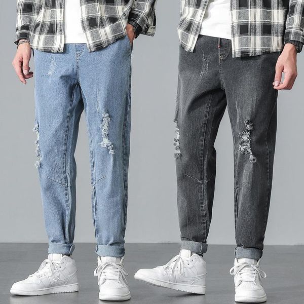 

men's jeans ripped straight-leg casual stretch trousers, Blue