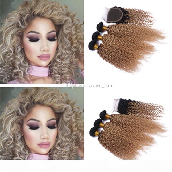 

dark root mongolian ombre human hair #1b 27 kinky curly hair bundles weaves with lace closure middle three part 4pcs lot, Black