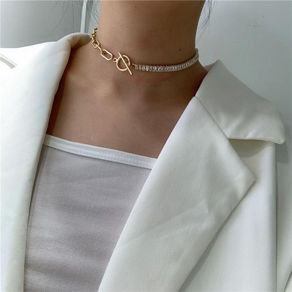 

chokers allme temperament transparent sparkly cubic zircon necklace for women ladies gold color chain accessories, Golden;silver