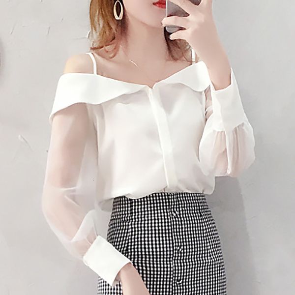 

2021 new off shoulder spaghetti transparent organza blouses buttoned up adjust straps blouse for women autumn zuty, White