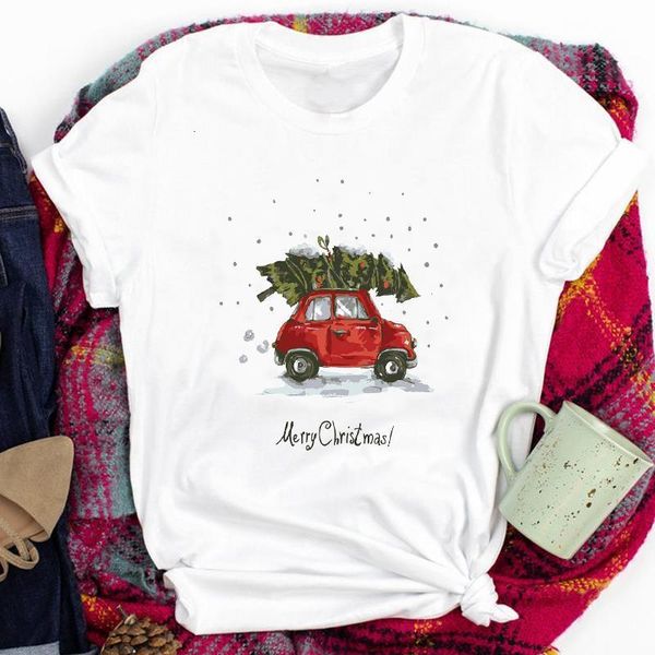 

tees for women lady cartoon winter season truck tree snow merry christmas print tshirt clothes graphic female t t-shirt, White