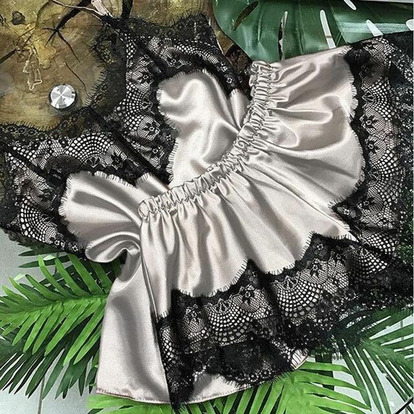 

s-xl women's satin sleepwear pajama set solid color lace v-neck pyjamas nightgown sleeveless cami short pijama mujer, Black;red