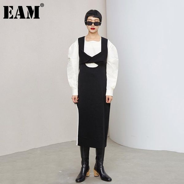 

eam] women hollow out irregular black knitting dress new v-collar sleeveless loose fit fashion tide autumn winter 2021 1dd0298, Black;gray