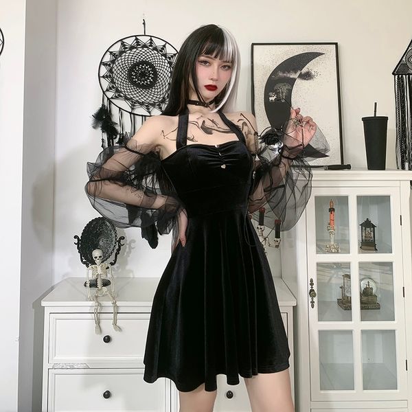 

mall goth black mini dress vintage aesthetic mesh sleeve high waist dresses gothic velvet party outfit summer dress, Black;gray