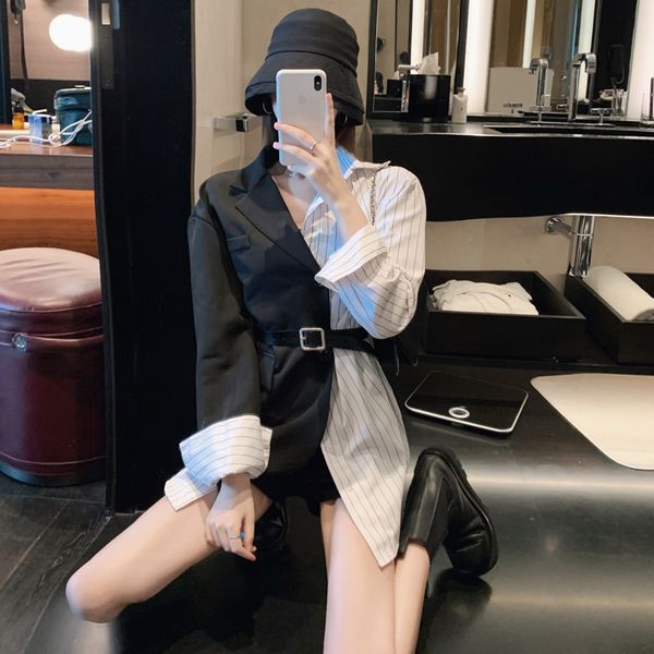 

striped stitching black blazer long-sleeved coats ladies suit large size trend coat feminino 2021 spring autumn new 16w489, Black;brown