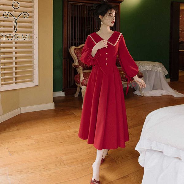 

yosimi red women dress autumn mid-calf turn-down collar fit and flare a-line lantern sleeve long black elegant 210604, Black;gray