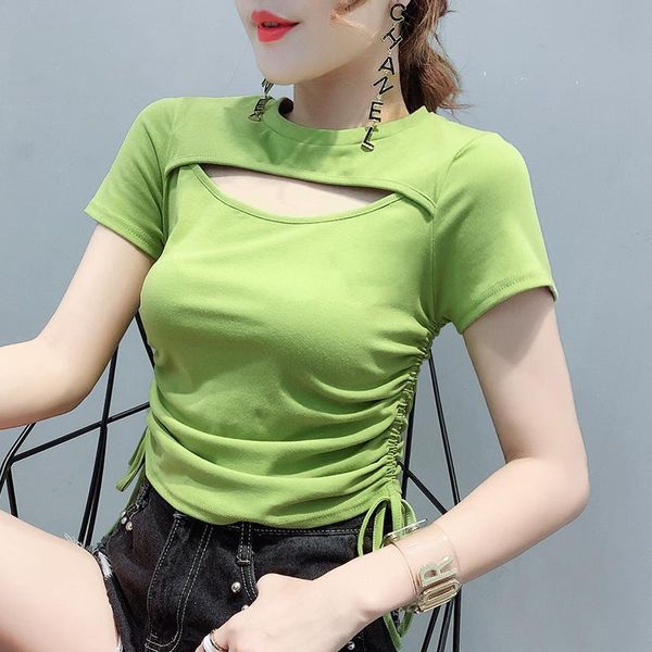 

women's t-shirt 2021 summer hollow slim drawstring strap shirring folds short sleeve, White