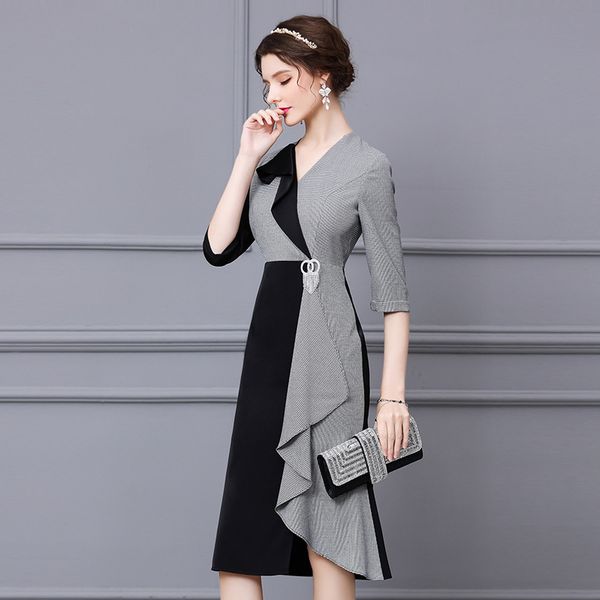 

2021 new superior quality reception spring office woman fishtail dressed up as party with low-v slim frilly occupancy dress unqc, Black;gray