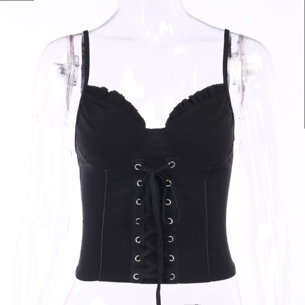 

vintage dark sleeveless lace up camisole gothic women slim spaghetti straps backless tank female summer party top, White