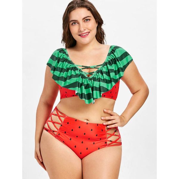 

one-piece suits watermelon style bikini plus size high waist scollop two piece swimsuit swimwear
