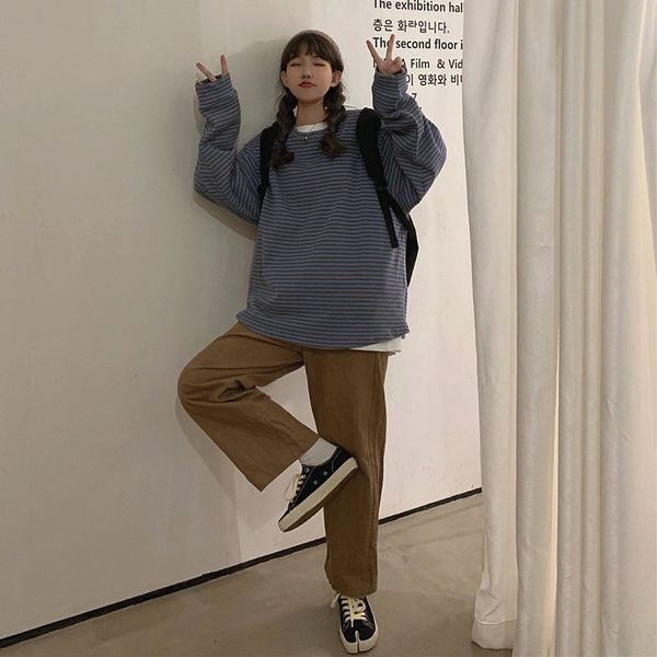 

2021 new autumn leisure college style loose large size pullover striped sweatshirt drop shoulder long sleeve simple fashion rilp, Black