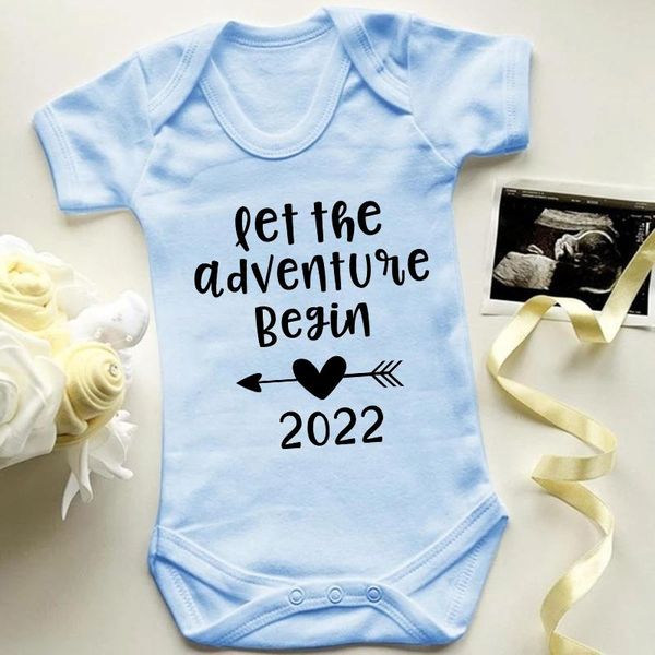 

rompers let the adventure begin 2022 pregnancy announce born baby clothes girls boys clothing summer cotton bodysuits, Blue