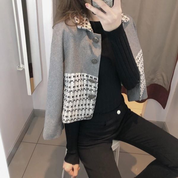 

women's jackets womens fashion tweed patchwork outerwear coats single breasted lapel loose short streetwear jaqueta feminina, Black;brown