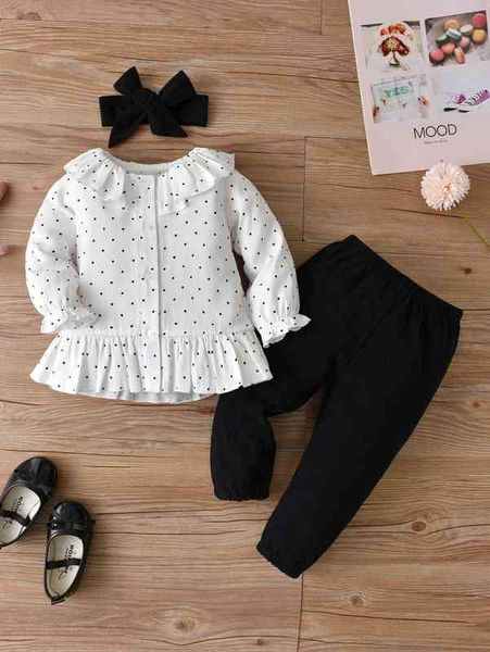 

baby polka dot ruffle trim jacket & pants with headband she, White