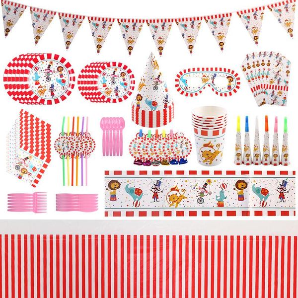 

disposable dinnerware circus themed party decorations, striped animals, disposables, cutlery set, plate, cup, mask, kids, birthday, fun