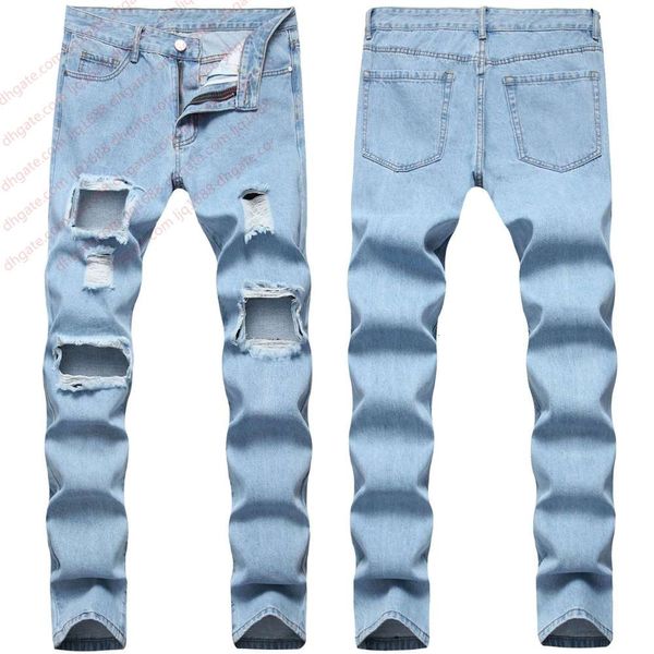 

causal mens jeans men distressed ripped jeans slim fit straight denim washed destroyed hole biker jeans hip hop men streetwear 0608#, Blue