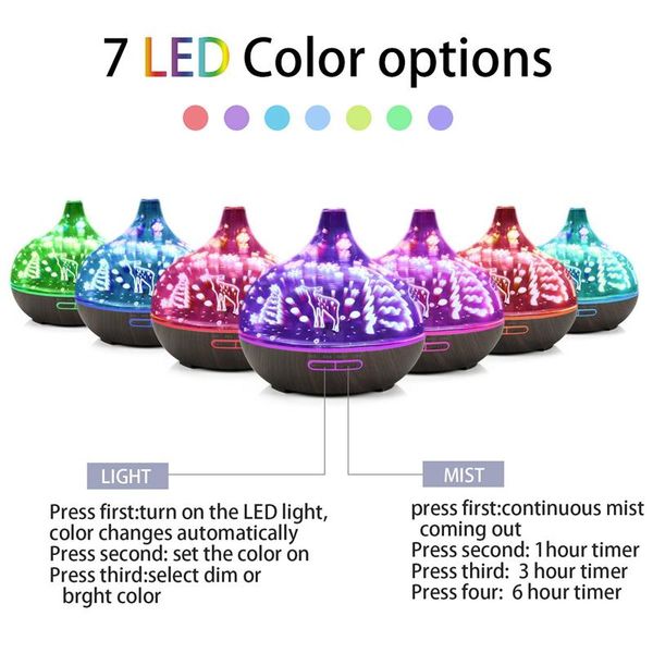 

essential oil diffuser, 400ml 3d glass wood grain home humidifier , 7 colors changing light for home office yoga l(reindeer