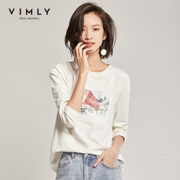 

women's t-shirt vimly 2021 spring autumn women letter print tshirt fashion round neck long sleeve thin casual female cotton t shirt f3, White