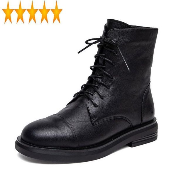 

boots cowhide handmade leather 100% genuine ankle women zip black platform england style winter warm short plush booties