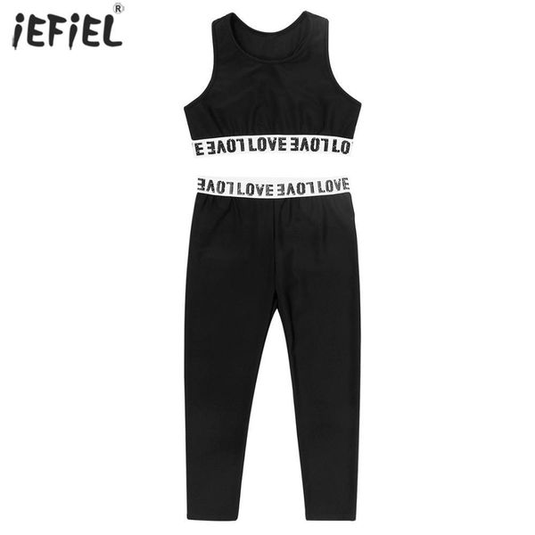 

kids girls clothes fashion letter print sport tanks with leggings summer sleeveless workout gym dance gym outfit 6-14 year 210225, White