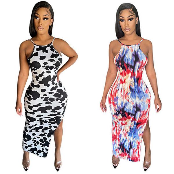 

2021 summer women's midi dresses tie dye patchwork printed fashion casual suspender dresses ladies gilrs halter low back long skirt one, White