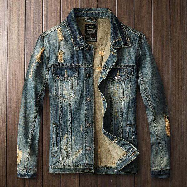 

men's jackets ripped denim jacket tight elastic retro distressed water wash classic pocket design slim motorcycle coat spring autumn, Black;brown