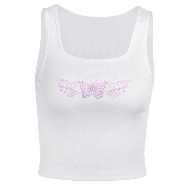 

women's tanks & camis women sleeveless crop ribbed u-neck purple butterfly embroidery slim vest f3md, White