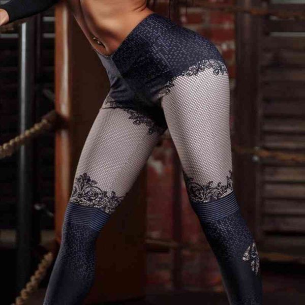 

casual fashion lace print women legging push up high waist fitness lenggins workout elastic, Black