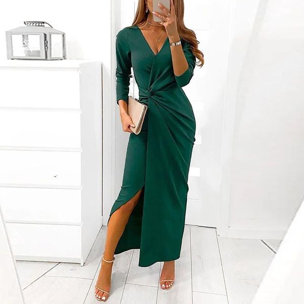 

casual dresses women's elegant maxi dress evening party wear solid color with side split v-neck lace up bandage sukienka, Black;gray