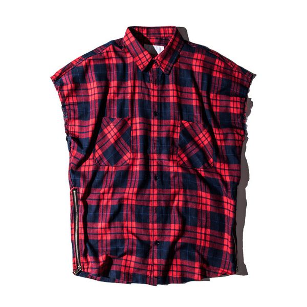 Camicia a quadri di marca di moda Uomo Camicie senza maniche hip-hop Camicia da uomo con cerniera lateralecamisa masculina swag Taglie forti