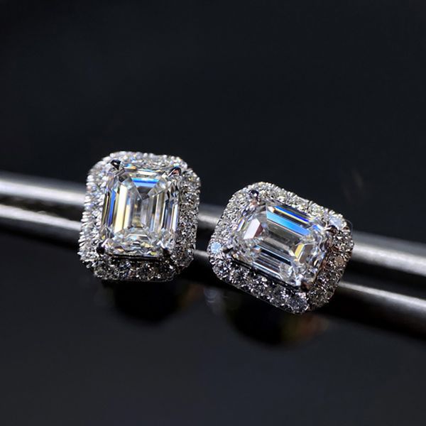 Esmeralda Corte Moissanite Diamond Stud Brinco 100% Real 925 Sterling Prata Promessa No Casamento Brincos Para As Mulheres Bridal Jóias