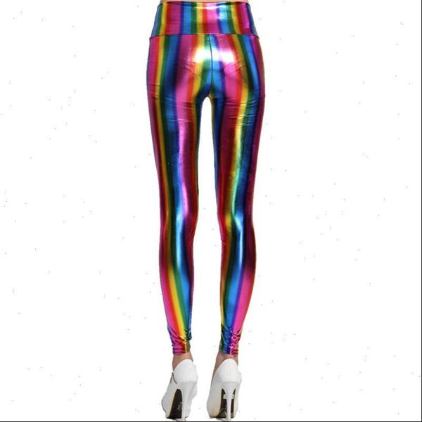 

womens hologram metallic rainbow glitter neon tights stripes printed high waist pants faux leather party clubwear, Black