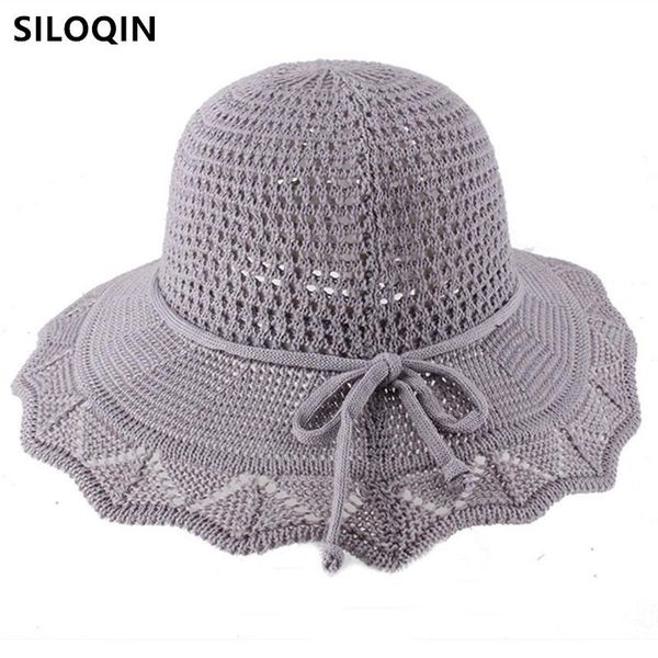 

wide brim hats siloqin summer women's straw hat mesh cap hollow breathable sun ladies panama foldable fashion big beach, Blue;gray