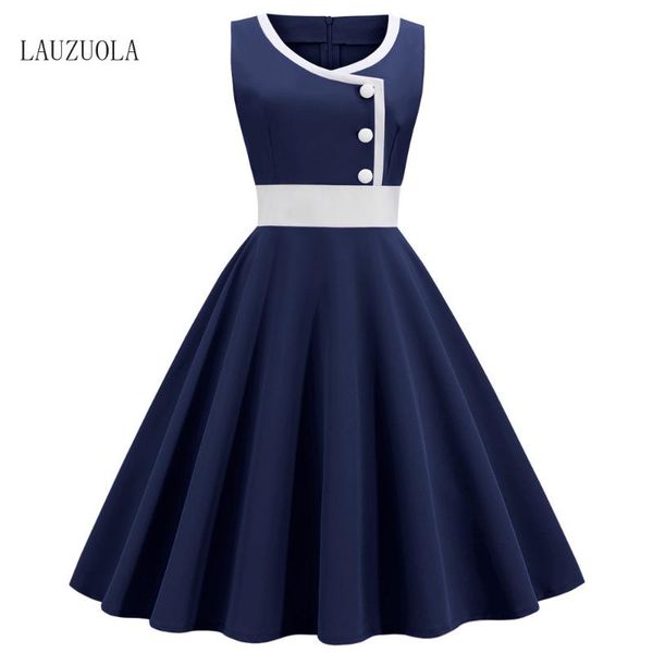 

casual dresses blue tank vintage rockabilly 50s 60s women jurken party swing vestidos navy pinup buttons hepburn summer 2021, Black;gray