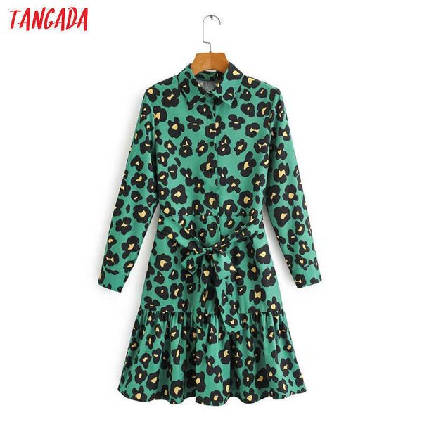 Tangada moda mulheres verde leopardo chiffon camisa vestido babados senhoras elegante trabalho plissado midi vestido vestidos 1f90 210609