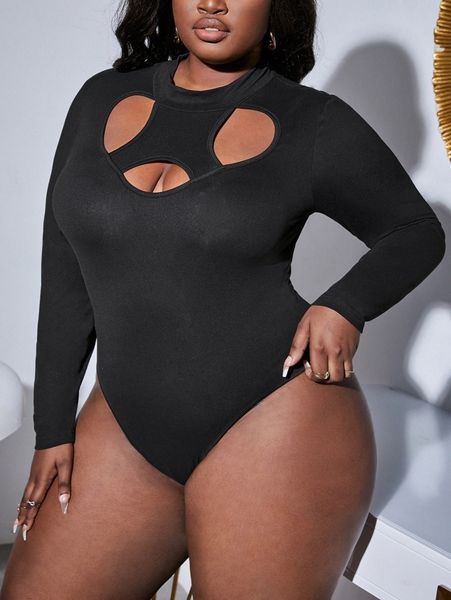 

sxy plus cut out front mock neck bodysuit b8k1#, Black