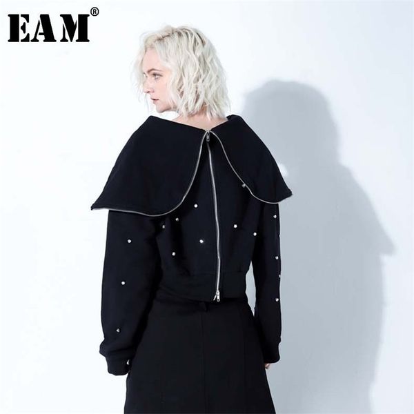 

[eam] new spring lapel long sleeve black loose diamonded split joint 2 ways wear sweatshirt women fashion jl661 201126