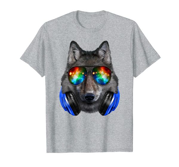 

grey wolf as dj in galaxy sunglass, headphone - t-shirt, White;black